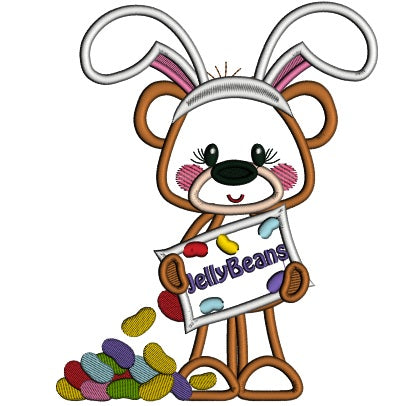 Cute Bear Wearing Bunny Ears With Jelly Beans Applique Easter Machine Embroidery Design Digitized Pattern