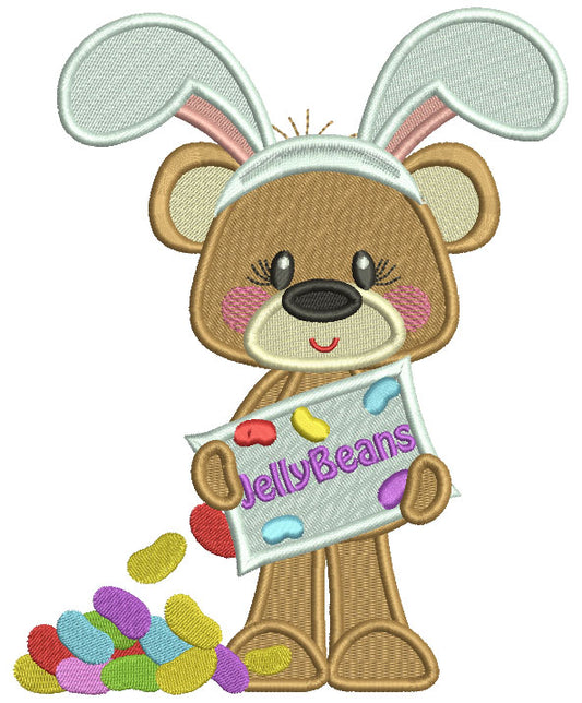Cute Bear Wearing Bunny Ears With Jelly Beans Filled Easter Machine Embroidery Design Digitized Pattern