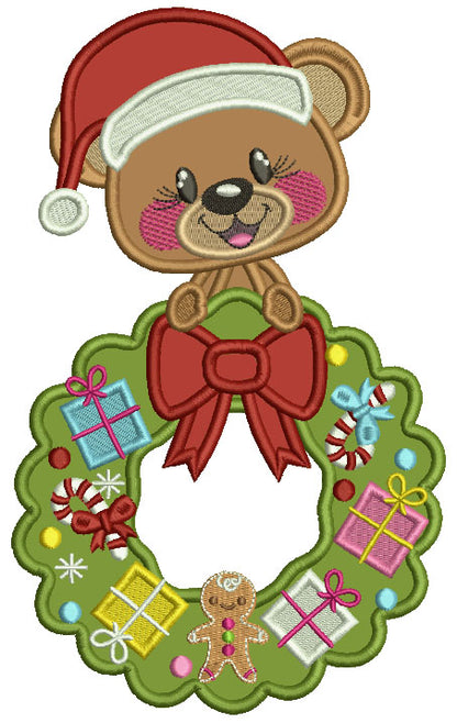 Cute Bear Wearing Santa Hat Holding Christmas Wreath Applique Machine Embroidery Design Digitized Pattern