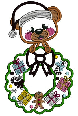 Cute Bear Wearing Santa Hat Holding Christmas Wreath Applique Machine Embroidery Design Digitized Pattern