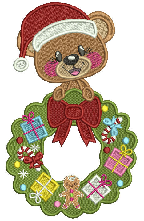 Cute Bear Wearing Santa Hat Holding Christmas Wreath Filled Machine Embroidery Design Digitized Pattern