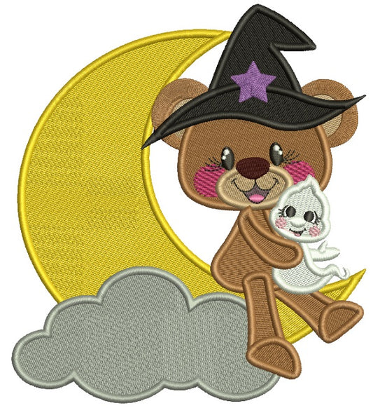 Cute Bear Wearing Wizard Hat Holding a Little Ghost Halloween Filled Machine Embroidery Design Digitized Pattern