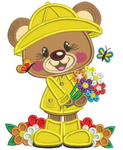 Cute Bear Wearing a Hat And Holding Flowers Applique Machine Embroidery Design Digitized Pattern