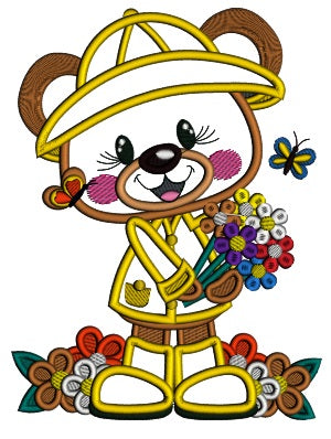 Cute Bear Wearing a Hat And Holding Flowers Applique Machine Embroidery Design Digitized Pattern