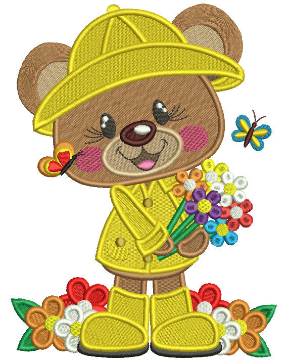 Cute Bear Wearing a Hat And Holding Flowers Filled Machine Embroidery Design Digitized Pattern