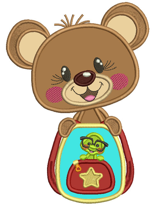 Cute Bear With Book Worm Backpack School Applique Machine Embroidery Design Digitized Pattern