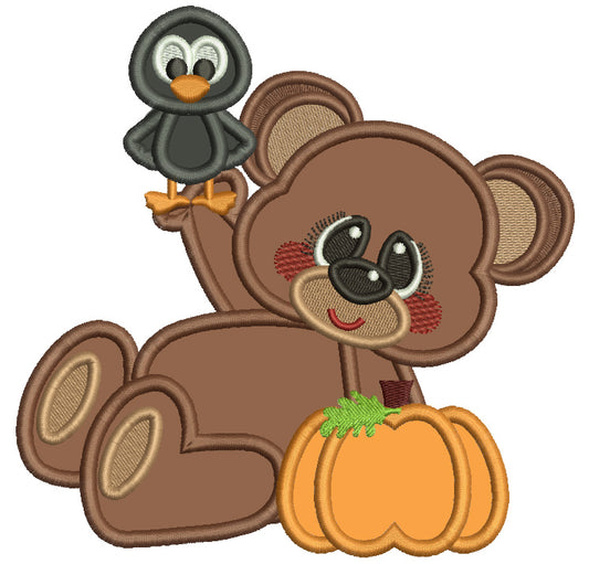 Cute Bear With Crow And Pumpkin Fall Applique Machine Embroidery Design Digitized Pattern