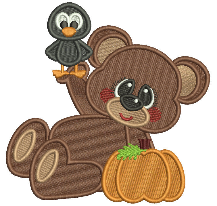 Cute Bear With Crow And Pumpkin Fall Filled Machine Embroidery Design Digitized Pattern