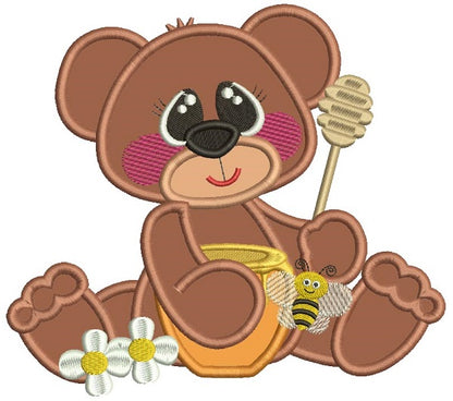 Cute Bear With Honey And a Bee Applique Machine Embroidery Design Digitized Pattern