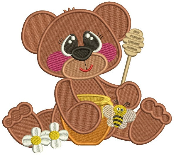 Cute Bear With Honey And a Bee Filled Machine Embroidery Design Digitized Pattern