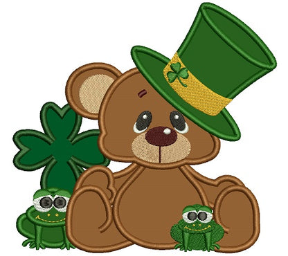 Cute Bear With Little Frogs Shamrock and Irish Hat Applique Machine Embroidery Digitized Design Pattern