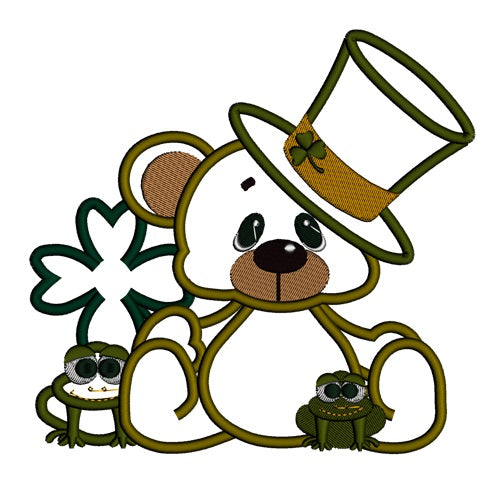 Cute Bear With Little Frogs Shamrock and Irish Hat Applique Machine Embroidery Digitized Design Pattern