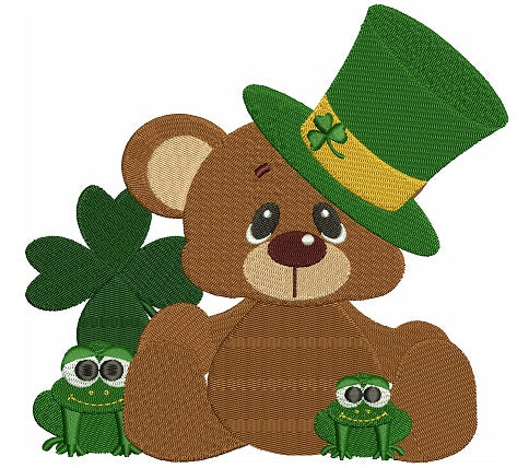Cute Bear With Little Frogs Shamrock and Irish Hat Filled Machine Embroidery Digitized Design Pattern