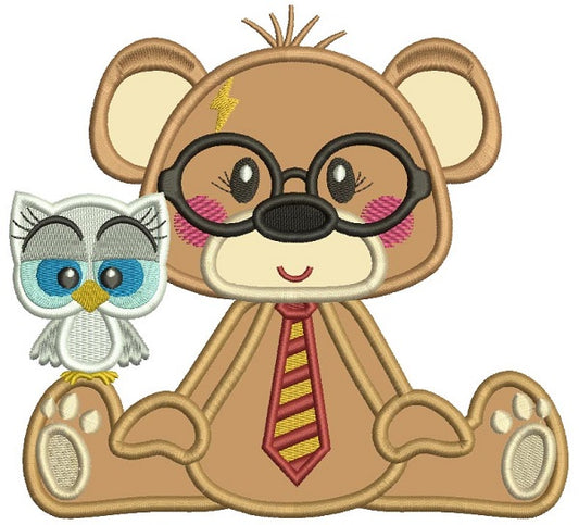 Cute Bear With Owl That Looks Like Harry Potter Applique Machine Embroidery Design Digitized Pattern