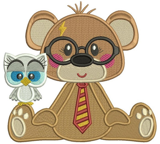 Cute Bear With Owl That Looks Like Harry Potter Filled Machine Embroidery Design Digitized Pattern