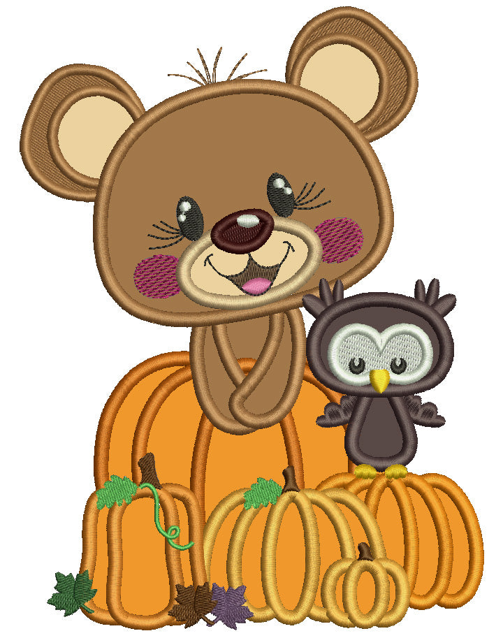 Cute Bear With Pumpkins And Owl Fall Applique Machine Embroidery Design Digitized Pattern