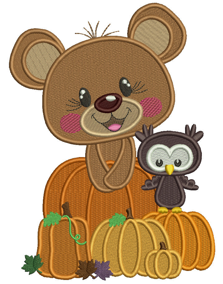 Cute Bear With Pumpkins And Owl Fall Filled Machine Embroidery Design ...