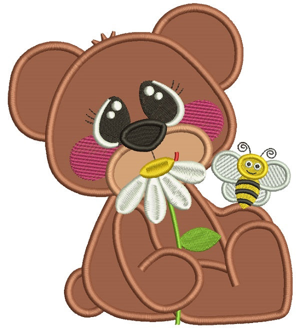 Cute Bear With a Flower and a Bee Applique Machine Embroidery Design Digitized Pattern