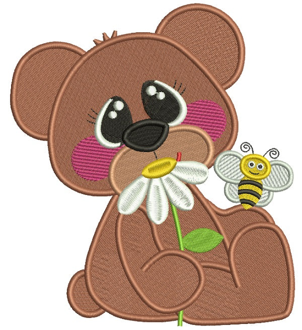 Cute Bear With a Flower and a Bee Filled Machine Embroidery Design Digitized Pattern