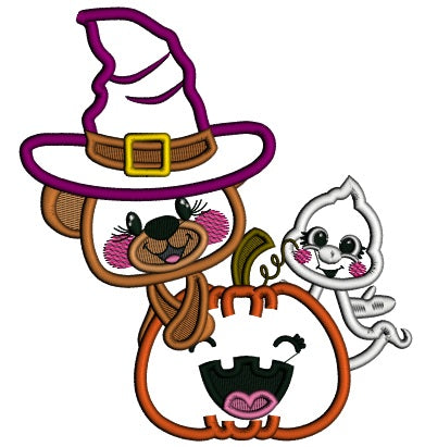 Cute Bear Wizard And a Little Ghost Holding a Smiling Pumpkin Applique Halloween Machine Embroidery Design Digitized Pattern