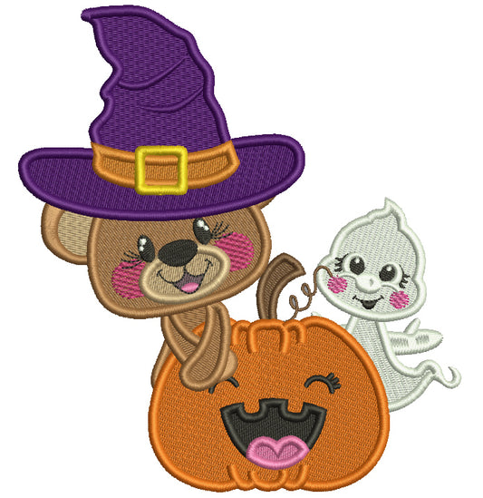 Cute Bear Wizard And a Little Ghost Holding a Smiling Pumpkin Filled Halloween Machine Embroidery Design Digitized Pattern