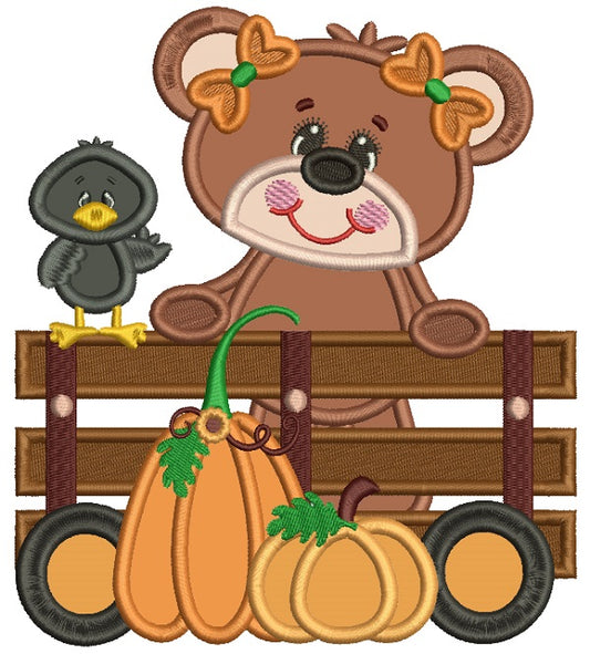 Cute Bear and Crow With Pumpkins Applique Machine Embroidery Design Digitized Pattern