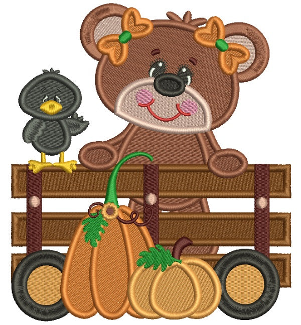 Cute Bear and Crow With Pumpkins Filled Machine Embroidery Design Digitized Pattern