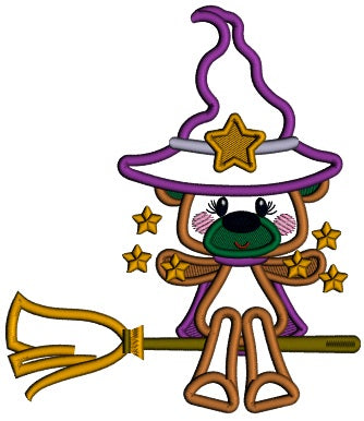 Cute Beat Witch On a Broom Halloween Applique Machine Embroidery Design Digitized Pattern