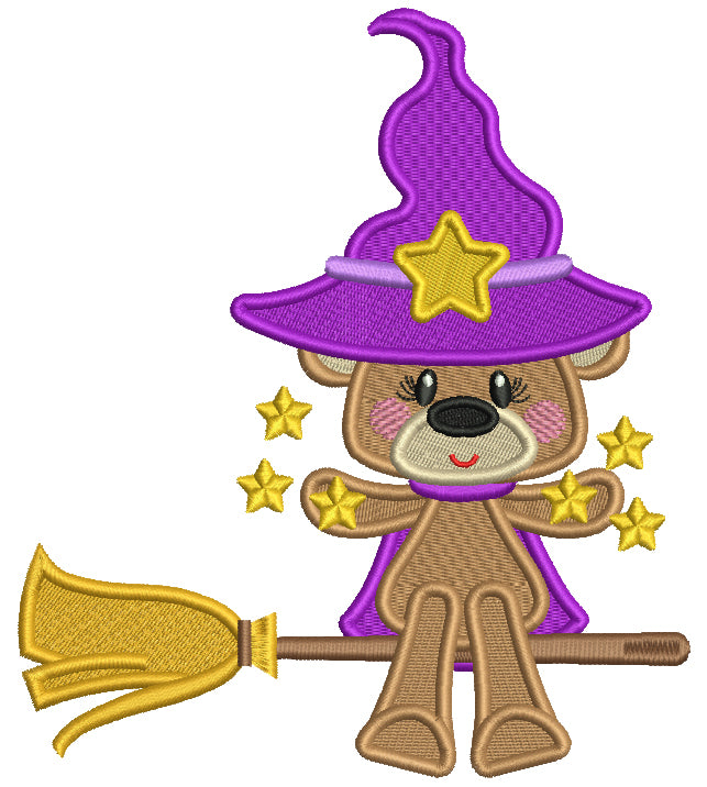 Cute Beat Witch On a Broom Halloween Filled Machine Embroidery Design Digitized Pattern