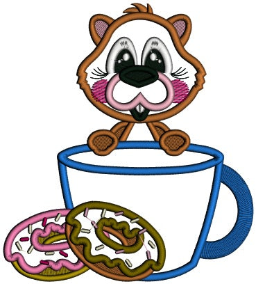 Cute Beaver Eating Donuts Applique Machine Embroidery Design Digitized Pattern