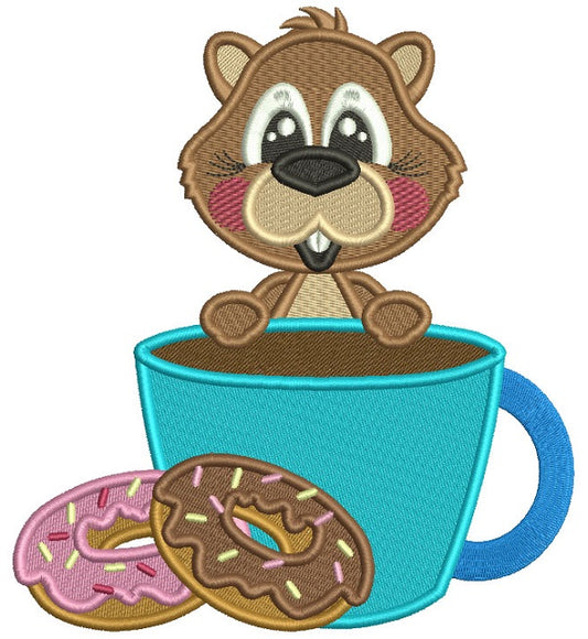 Cute Beaver Eating Donuts Filled Machine Embroidery Design Digitized Pattern