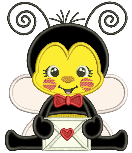 Cute Bee Holding Envelope With Heart Valentine's Day Applique Machine Embroidery Design Digitized Pattern