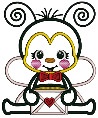 Cute Bee Holding Envelope With Heart Valentine's Day Applique Machine Embroidery Design Digitized Pattern