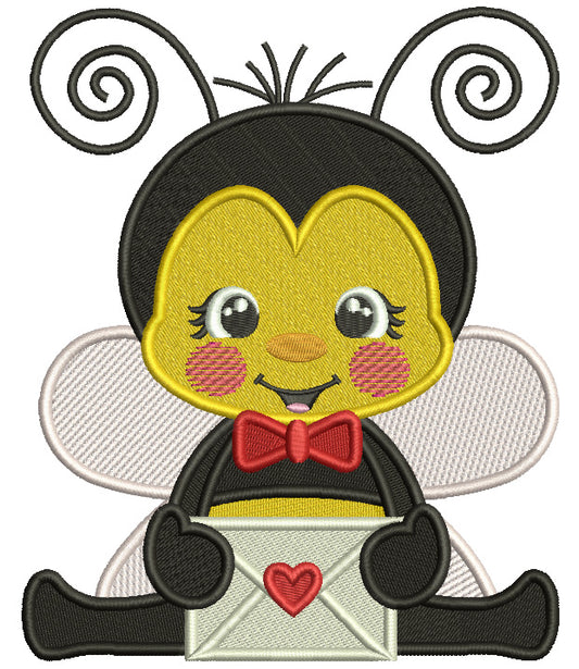 Cute Bee Holding Envelope With Heart Valentine's Day Filled Machine Embroidery Design Digitized Pattern