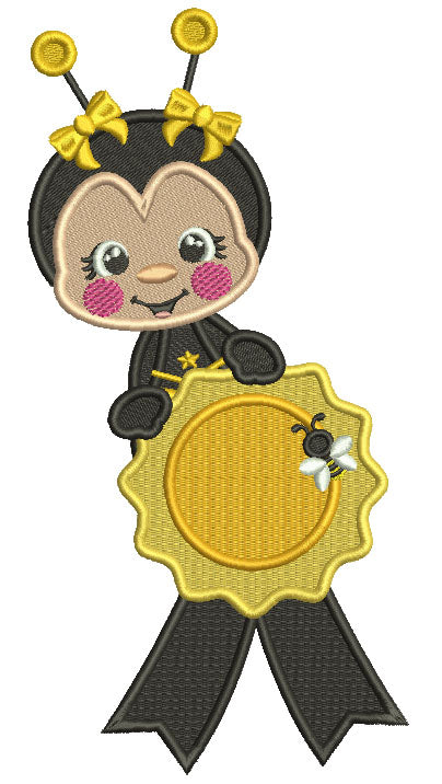 Cute Bee Holding Graduation Seal School Filled Machine Embroidery Design Digitized Pattern