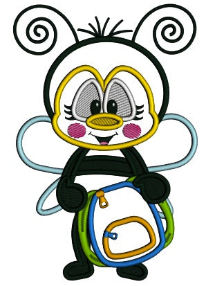Cute Bee Holding School Backpack Applique Machine Embroidery Design Digitized Pattern