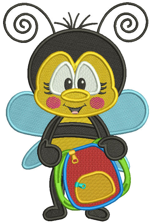 Cute Bee Holding School Backpack Filled Machine Embroidery Design Digitized Pattern