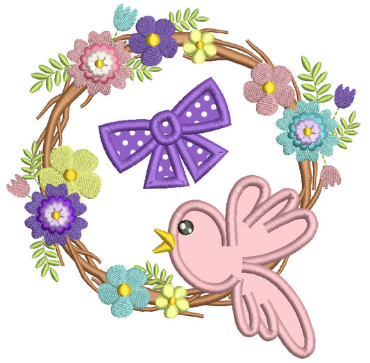 Cute Bird Sitting On a Flower Wreath Applique Machine Embroidery Design Digitized Pattern