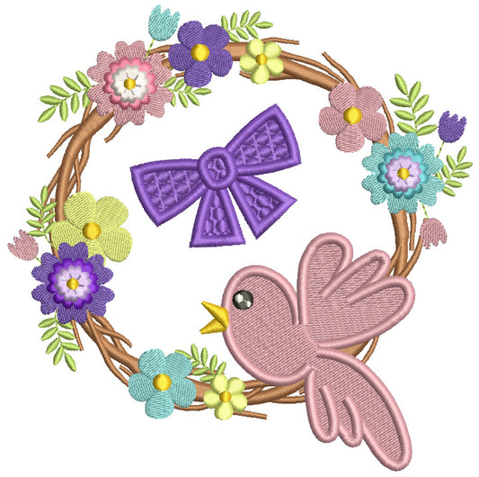 Cute Bird Sitting On a Flower Wreath Filled Machine Embroidery Design Digitized Pattern