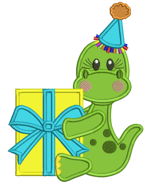 Cute Birthday Dino Holding A Gift Applique Machine Embroidery Design Digitized Pattern