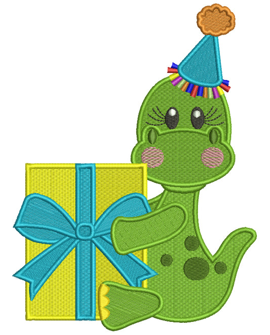 Cute Birthday Dino Holding A Gift Filled Machine Embroidery Design Digitized Pattern