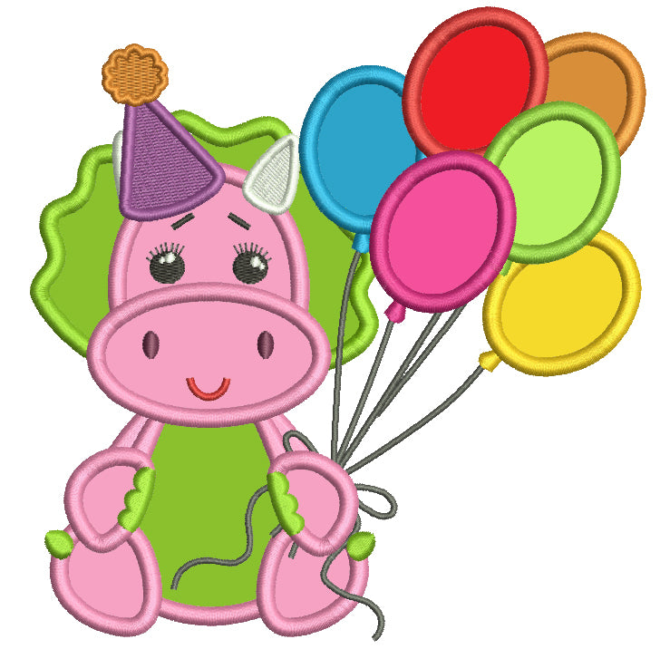 Cute Birthday Dino Holding Balloons Applique Machine Embroidery Design Digitized Pattern