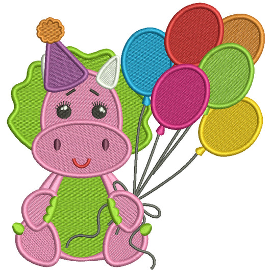 Cute Birthday Dino Holding Balloons Filled Machine Embroidery Design Digitized Pattern