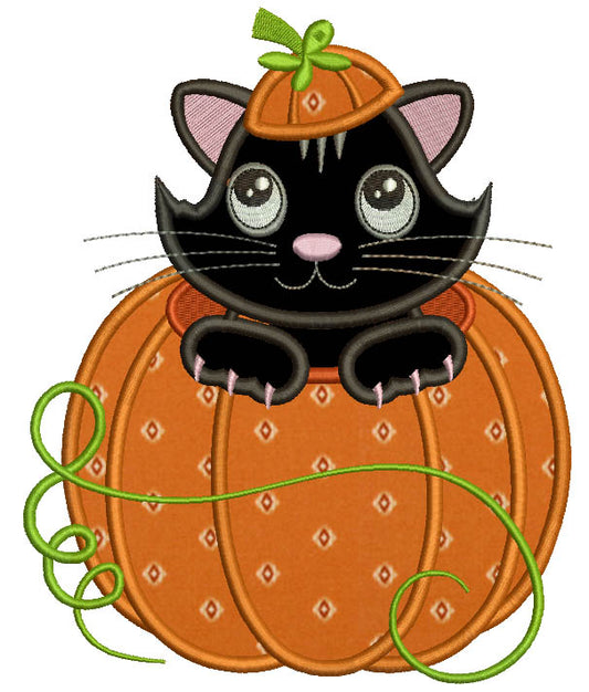 Cute Black Kitten Sitting Inside Pumpkin Halloween Applique Machine Embroidery Design Digitized Pattern