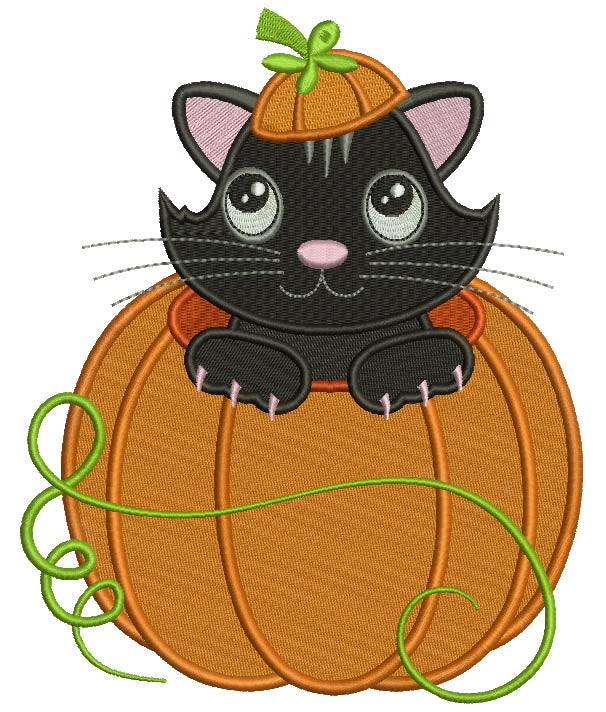 Cute Black Kitten Sitting Inside Pumpkin Halloween Filled Machine Embroidery Design Digitized Pattern