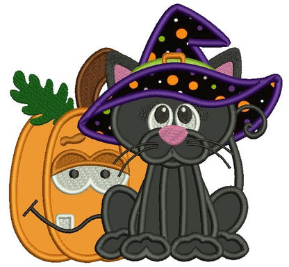 Cute Black Kitten Wearing a Witch Hat Next To Pumpkin Halloween Applique Machine Embroidery Design Digitized Pattern