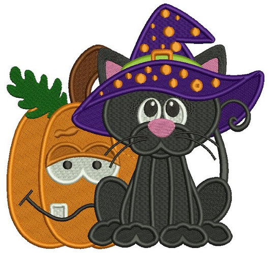 Cute Black Kitten Wearing a Witch Hat Next To Pumpkin Halloween Filled Machine Embroidery Design Digitized Pattern