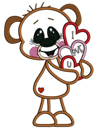 Cute Boy Bear Holding I Love You Hearts Applique Machine Embroidery Design Digitized Pattern