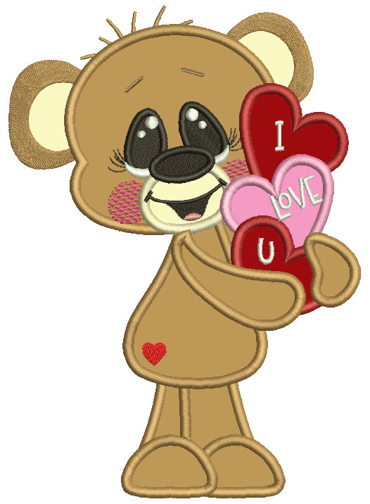 Cute Boy Bear Holding I Love You Hearts Applique Machine Embroidery Design Digitized Pattern