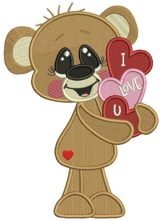 Cute Boy Bear Holding I Love You Hearts Filled Machine Embroidery Design Digitized Pattern